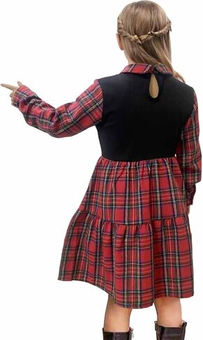 LuckyShe Girls Plaid Dress Belt Long Sleeve Buffalo Check Black White/Red Flannel Dresses for Kids in Saudi Arabia