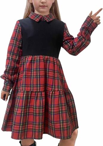 LuckyShe Girls Plaid Dress Belt Long Sleeve Buffalo Check Black White/Red Flannel Dresses for Kids in Saudi Arabia