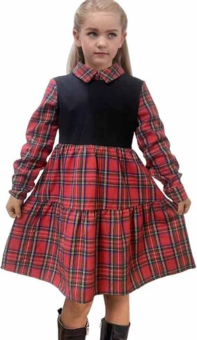 LuckyShe Girls Plaid Dress Belt Long Sleeve Buffalo Check Black White/Red Flannel Dresses for Kids in Saudi Arabia