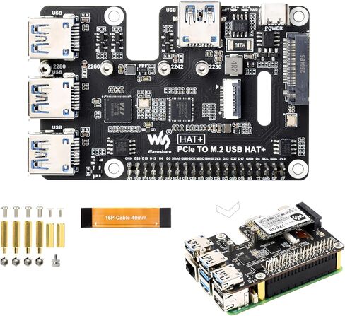PCIe to USB 3.2 Gen1 & M.2 HAT Compatible with Raspberry Pi 5, Supports NVMe 2230/2242/2260/2280 Size M.2 Solid State Drive, Expands 4-Ch USB 3.2 Ports, High-Speed Reading/Writing, HAT+ Standard in Saudi Arabia