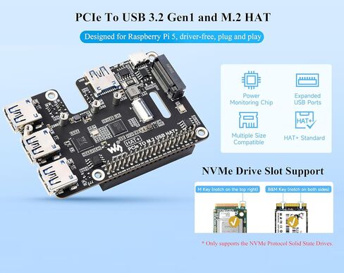 PCIe to USB 3.2 Gen1 & M.2 HAT Compatible with Raspberry Pi 5, Supports NVMe 2230/2242/2260/2280 Size M.2 Solid State Drive, Expands 4-Ch USB 3.2 Ports, High-Speed Reading/Writing, HAT+ Standard in Saudi Arabia