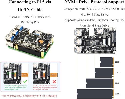 PCIe to USB 3.2 Gen1 & M.2 HAT Compatible with Raspberry Pi 5, Supports NVMe 2230/2242/2260/2280 Size M.2 Solid State Drive, Expands 4-Ch USB 3.2 Ports, High-Speed Reading/Writing, HAT+ Standard in Saudi Arabia