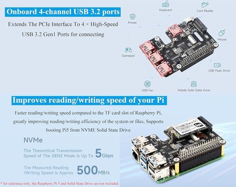 PCIe to USB 3.2 Gen1 & M.2 HAT Compatible with Raspberry Pi 5, Supports NVMe 2230/2242/2260/2280 Size M.2 Solid State Drive, Expands 4-Ch USB 3.2 Ports, High-Speed Reading/Writing, HAT+ Standard in Saudi Arabia