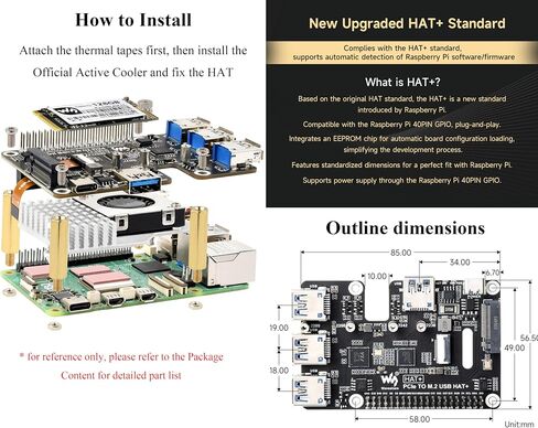 PCIe to USB 3.2 Gen1 & M.2 HAT Compatible with Raspberry Pi 5, Supports NVMe 2230/2242/2260/2280 Size M.2 Solid State Drive, Expands 4-Ch USB 3.2 Ports, High-Speed Reading/Writing, HAT+ Standard in Saudi Arabia