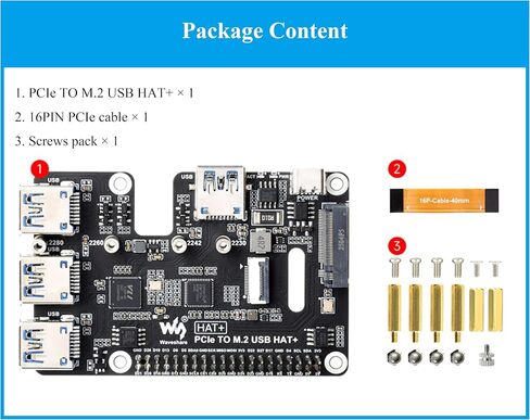 PCIe to USB 3.2 Gen1 & M.2 HAT Compatible with Raspberry Pi 5, Supports NVMe 2230/2242/2260/2280 Size M.2 Solid State Drive, Expands 4-Ch USB 3.2 Ports, High-Speed Reading/Writing, HAT+ Standard in Saudi Arabia