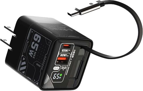 MISH 65W GAN FASTCRATE مع منفذ USB-C & 1 USB-A ، كابل Type-C القابل للسحب 2.6 قدم ، شحن سريع لـ iPhone و iPad و MacBook و Samsung Galaxy والمزيد من الأجهزة (أسود) in Kuwait