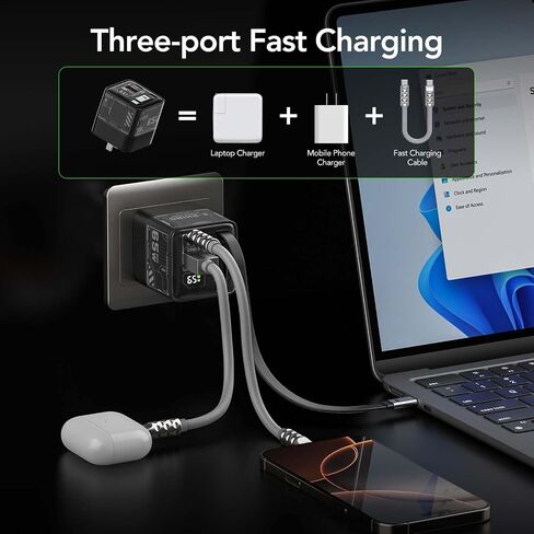 MISH 65W GAN FASTCRATE مع منفذ USB-C & 1 USB-A ، كابل Type-C القابل للسحب 2.6 قدم ، شحن سريع لـ iPhone و iPad و MacBook و Samsung Galaxy والمزيد من الأجهزة (أسود) in Kuwait