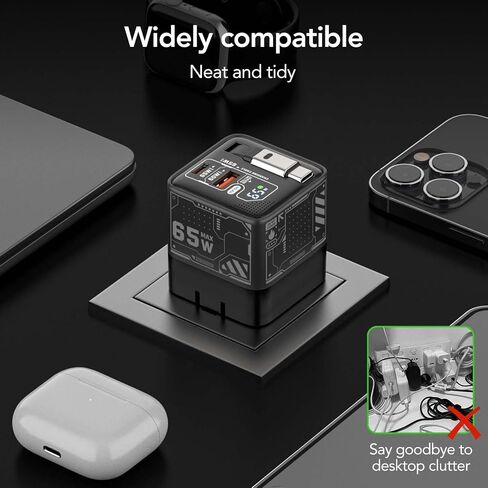 MISH 65W GAN FASTCRATE مع منفذ USB-C & 1 USB-A ، كابل Type-C القابل للسحب 2.6 قدم ، شحن سريع لـ iPhone و iPad و MacBook و Samsung Galaxy والمزيد من الأجهزة (أسود) in Kuwait