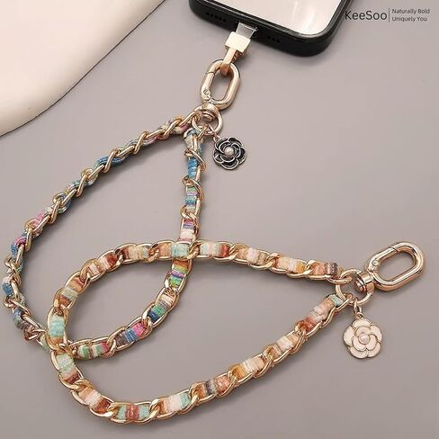 Luxury Pearl Leather Phone Lanyard, Korean Designer Double Chain Wrist Strap with Stainless Steel Spacer, 10.24 Inch, White in Kuwait