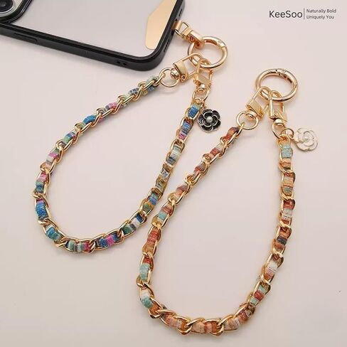 Luxury Pearl Leather Phone Lanyard, Korean Designer Double Chain Wrist Strap with Stainless Steel Spacer, 10.24 Inch, White in Kuwait