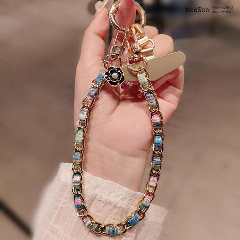 Luxury Pearl Leather Phone Lanyard, Korean Designer Double Chain Wrist Strap with Stainless Steel Spacer, 10.24 Inch, White in Kuwait