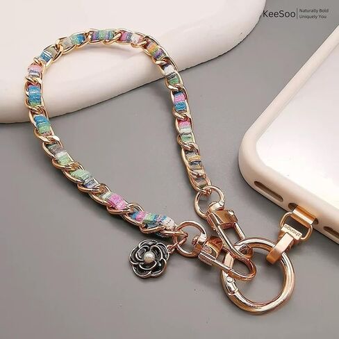 Luxury Pearl Leather Phone Lanyard, Korean Designer Double Chain Wrist Strap with Stainless Steel Spacer, 10.24 Inch, White in Kuwait