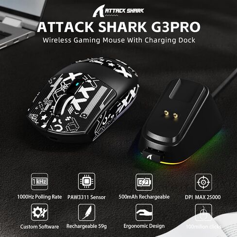 هجوم Shark G3Pro اللاسلكي ألعاب اللاسلكي مع DCB RGB شحن ، 2.4G/USB-C Wired/BT PAW3311 مستشعر البصرية 1K معدل الاقتراع قابل للتعديل 25 كيلو دبيون ، 500 مللي أمبير في الساعة بطارية خفيفة الوزن 59G الفئران (أسود) in Saudi Arabia