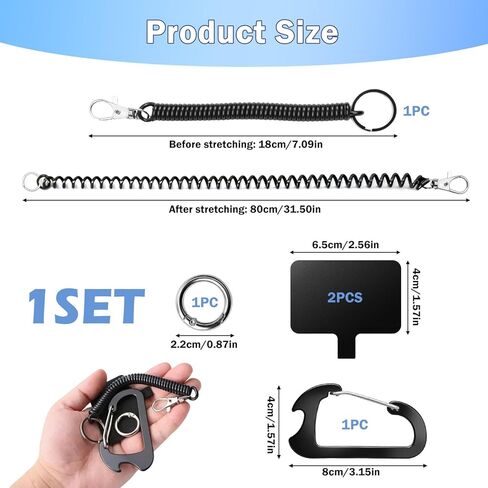 Phone Lanyard Tether with 2*Patch and 1*Carabiner, Anti Theft and Drop Prevention Strap Outdoor Accessory for Skiing Cycling Climbing Hiking Compatible for Most Smartphones, Black in Kuwait
