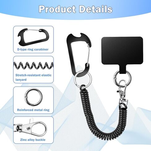 Phone Lanyard Tether with 2*Patch and 1*Carabiner, Anti Theft and Drop Prevention Strap Outdoor Accessory for Skiing Cycling Climbing Hiking Compatible for Most Smartphones, Black in Kuwait