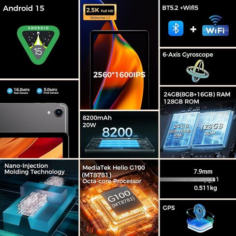 11 بوصة قرص ، Android 15 Tablet 2560 * 1600ips 2.5k Widevine L1 ، G100 (MT8781) معالج الثماني الأوكتا ، ذاكرة وصول عشوائي 24 جيجابايت ، ROM 128GB ، Wi-Fi 6 & Bluetooth 5.2 ، 8200mAh بطارية in Saudi Arabia