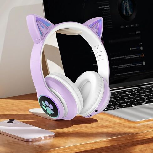 سماعات الرأس اللاسلكية للأطفال مع إضاءة LED أذن Cat ، سماعة رأس قابلة للطي مع الميكروفون ، إلغاء الضوضاء ، Bluetooth 5.4 ، سماعات Kids Bluetooth لجهاز iPad/School/Travel/Travel (أرجواني) in Kuwait