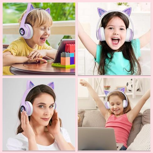 سماعات الرأس اللاسلكية للأطفال مع إضاءة LED أذن Cat ، سماعة رأس قابلة للطي مع الميكروفون ، إلغاء الضوضاء ، Bluetooth 5.4 ، سماعات Kids Bluetooth لجهاز iPad/School/Travel/Travel (أرجواني) in Kuwait