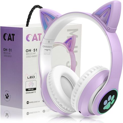 سماعات الرأس اللاسلكية للأطفال مع إضاءة LED أذن Cat ، سماعة رأس قابلة للطي مع الميكروفون ، إلغاء الضوضاء ، Bluetooth 5.4 ، سماعات Kids Bluetooth لجهاز iPad/School/Travel/Travel (أرجواني) in Kuwait