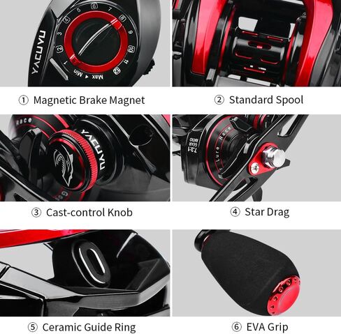 Generic MAIZHOU Baitcasting Fishing Reels - 7.3:1 Gear Ratio Magnetic Braking System Carbon Fiber Drag Low Profile 6+1 Ball Bearings Fish Casting Baitcaster Fishing Reel Left Hand, 120, BLACK-RED in Saudi Arabia