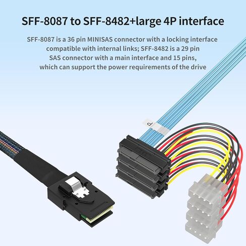 SFF8087 إلى 4x SFF8482 كابل محول 0.5 م/1.64 قدم ، Mini SAS إلى SAS مع موصل طاقة موليكس 4 دبوس لتوسيع الخادم/التخزين HDD متوافق مع محركات SATA in Kuwait