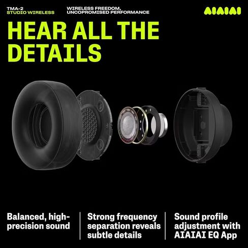 AIAIAI TMA-2 Professional Studio Wireless Headones ، LINK LONDANT W+ ULTRA LOND ، وحدات مع برامج تشغيل سيلولوز بيولوجية 40 مم ، بطارية من 20 إلى 40 ساعة ، وسادات أذن رغوة الذاكرة ، و Bluetooth in Kuwait