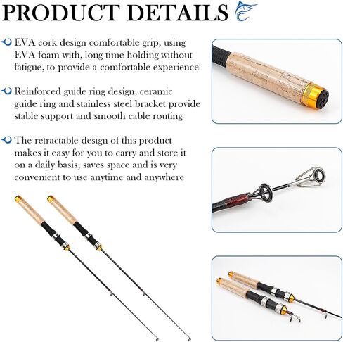 Telescopic Ice Fishing Rod, 2 Packs Mini Fishing Rod Cork HandlePortable Travel Fishing Pole for Saltwater Freshwater Fishing, 25Inch in Saudi Arabia