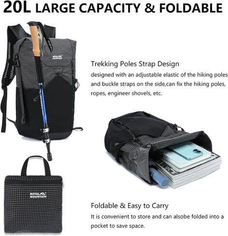 Hiking Backpack For Women&Men, 20L Lightweight Foldable Water Resistant Packable Travel Small Hiking Backpacks, Daypack Backpacks For Travel, Camping (Black) in Kuwait