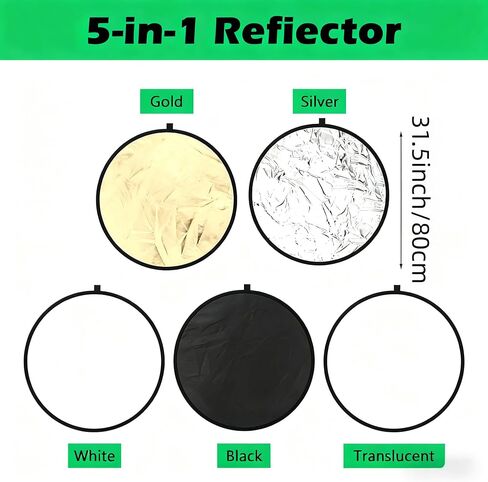 5-in-1 Photography Reflector 32"(80cm), Multi-Disc Collapsible Light Reflector with Bag - Super Portable for Studio/Macro Photography - Translucent, Silver, Gold, White and Black in Kuwait