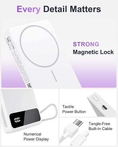 Magnetic Power Bank, 10,000mAh Wireless Portable Charger for Mag-Safe 15W Fast Charging, Battery Pack with USB-C Cable 20W in/Out for iPhone Air/17/16/15/14/13/12/Plus/Pro/Pro Max, AirPods & More in Saudi Arabia