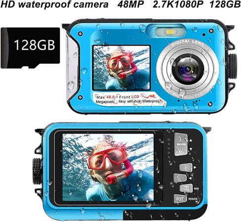 كامل HD 2.7 كيلو 48 ميجابكسل 10 أقدام مقاومة للماء الكاميرا الرقمية تحت الماء 16x Zoom Digital Armon الخلفية الكاميرا المزدوجة المقاومة للماء للسباحة السفر الغطس (الأزرق) in Kuwait