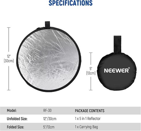 NEEWER 32"/80cm Light Reflector, 5 in 1 Foldable Multi Disc Photography Light Diffuser Translucent/Silver/Gold/White/Black with Clamp/Grips, 3/8" Thread/Cleaning Cloth for Outdoor Lighting, RF-80II in Saudi Arabia