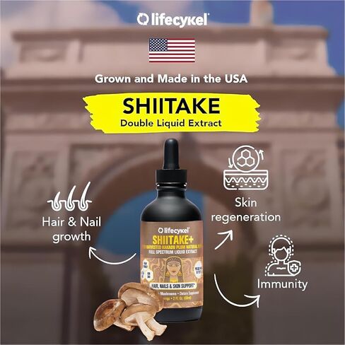 LIFE CYKEL Shiitake Mushroom Extract with Kakadu Plum- Hair, Skin & Nail Support, Anti Aging Supplement- 100% Organic Mushrooms, Immune Boosting, Vitamin C Made in The US- 2 Fl oz(Packaging May Vary) in Kuwait