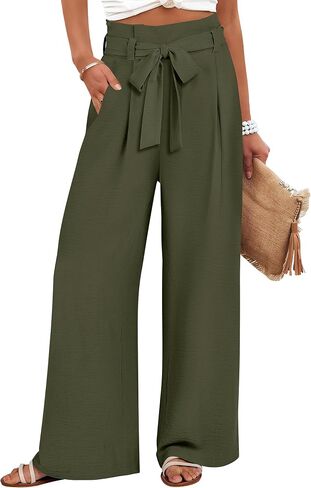 ANRABESS Women's Wide Leg Lounge Pants Lightweight High Waisted Adjustable Tie Knot Loose Trousers with Pockets in Kuwait