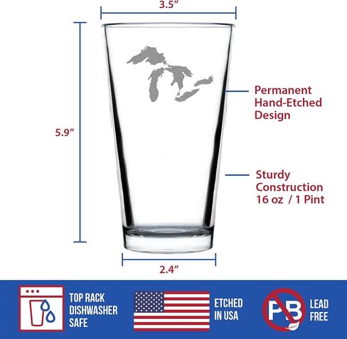 Great Lakes Map Pint Glass Gift for Beer Drinking Men & Women - 16 oz Glassware - Unique Engraved Barware Gifts in Saudi Arabia