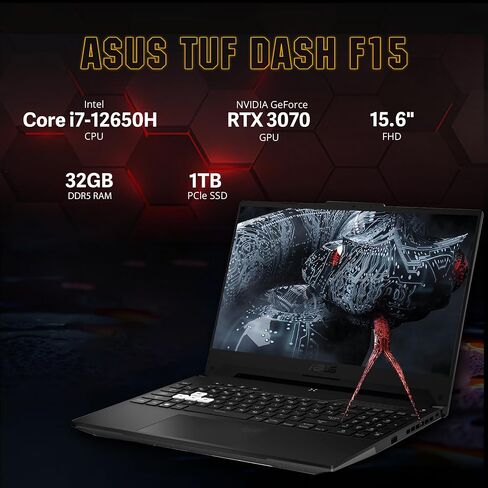 ASUS 2022 TUF Dash 15.6" 144Hz Gaming Laptop, Intel 12th Core i7-12650H, 40GB DDR5 RAM, 1TB PCIe SSD, NVIDIA GeForce RTX 3070 Graphics 8GB, Backlit Keyboard, Win 11 Pro, Black, 32GB USB Card in Saudi Arabia