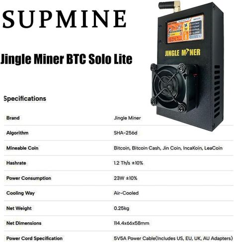 في الأسهم الجديدة Jingle Miner BTC Solo Lite 19.17J/GH 23W ASIC MINER BM1370 ASIC CHIP 1.2th/S Bitcoin (BTC) تم تصميمه في الأصل لـ Antminer S21 Pro in Saudi Arabia