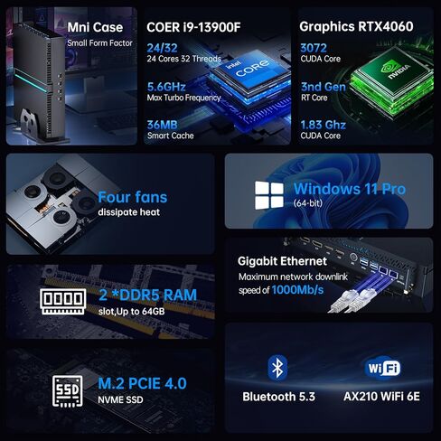 MSECORE MINI PC I9 ، CORE I9-13900F 24 CORES UP TO 5.6GHz مع GERFORCE RTX 4070 12G كمبيوتر سطح المكتب ، 64G DDR5 RAM 4T PCIE 4.0 SSD ، WIFI 6E ، دعم 8K ، أربعة شاشة ، LAN ، Windows 11 PRO PRO in Kuwait