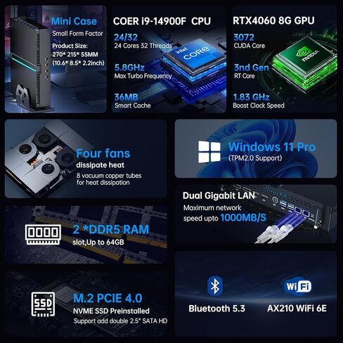MSECORE MINI Desktop Comptuer-Gen Gen Intel Core I9-14900F 24-Core Processor ، 64GB DDR5 RAM ، 1T PCIe 4.0 SSD ، NVIDIA GEFORCE RTX 4070 12GB GDDR6 GRASES ، WIFI 6E ، 8K ، Four ، Windows 11 Pro. in Kuwait