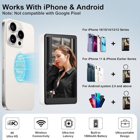 Ossomo Selfie Monitor Screen for iPhone & Android,4K 30fps Magnetic Wireless Screen Mirroring,Back Camera Monitor for Vlogging Live Streams TikTok in Saudi Arabia