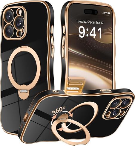 GVIEWIN for iPhone 16 Pro Max Case with 360° Magnetic Stand, [Compatible with MagSafe][Full Camera Protection][Non-Yellowing] Cute Slim Electroplated Wave Shockproof Phone Case 6.9", Clear/Rose Gold in Kuwait