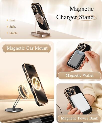 GVIEWIN for iPhone 16 Pro Max Case with 360° Magnetic Stand, [Compatible with MagSafe][Full Camera Protection][Non-Yellowing] Cute Slim Electroplated Wave Shockproof Phone Case 6.9", Clear/Rose Gold in Kuwait