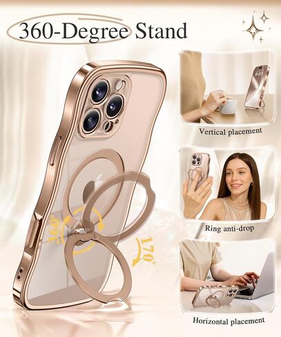 GVIEWIN for iPhone 16 Pro Max Case with 360° Magnetic Stand, [Compatible with MagSafe][Full Camera Protection][Non-Yellowing] Cute Slim Electroplated Wave Shockproof Phone Case 6.9", Clear/Rose Gold in Kuwait