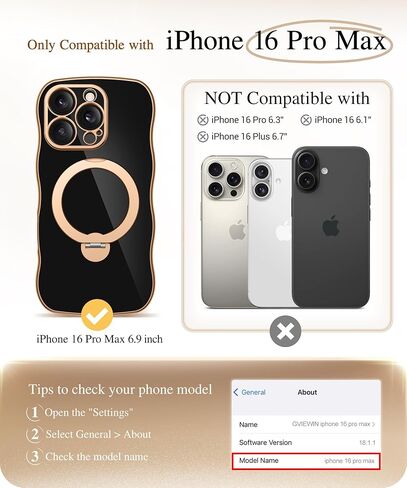 GVIEWIN for iPhone 16 Pro Max Case with 360° Magnetic Stand, [Compatible with MagSafe][Full Camera Protection][Non-Yellowing] Cute Slim Electroplated Wave Shockproof Phone Case 6.9", Clear/Rose Gold in Kuwait