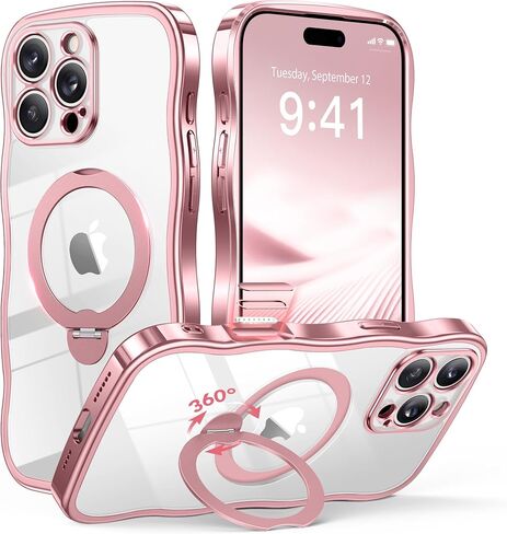GVIEWIN for iPhone 16 Pro Max Case with 360° Magnetic Stand, [Compatible with MagSafe][Full Camera Protection][Non-Yellowing] Cute Slim Electroplated Wave Shockproof Phone Case 6.9", Clear/Rose Gold in Kuwait