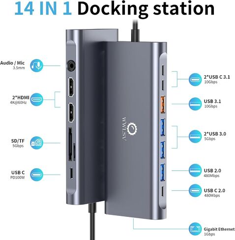 محطة الإرساء Dual STATION DUAL MONTORD لـ MacBook/Dell/HP/Lenovo المحمول ، محول HDMI مزدوج 4K لشاشات 2 ، 14-in-1 USB C HUB ، محطة إرساء USB C مع USB 3.1/100W PD/Ethernet/SD/TF/AUDIO/MIC in Kuwait