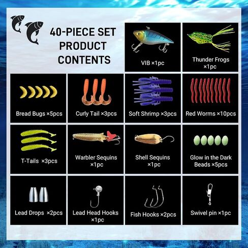 40PCS Fishing Lures Baits Tackle Including Crankbaits, Spinnerbaits, Plastic Worms, Jigs, Topwater Lures, Tackle Box and More Fishing Gear Lures Kit Set, 40PCS in Saudi Arabia
