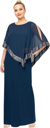 S.L. Fashions Women's Plus Size Long Cold Shoulder Capelet Dress with Metallic Trim in Kuwait
