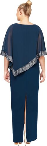 S.L. Fashions Women's Plus Size Long Cold Shoulder Capelet Dress with Metallic Trim in Kuwait
