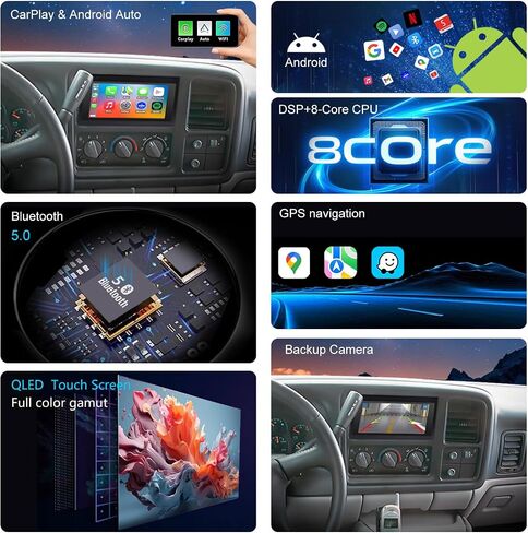Qled Radio for Chevy GMC Buick Cadillac 1995 1996 1997 1998 1999 2000 2001 2002،8 Core Touch Screen Stereo Stereo ، Wireless Carplay و Android Auto ، كاميرا احتياطية مجانية in Kuwait